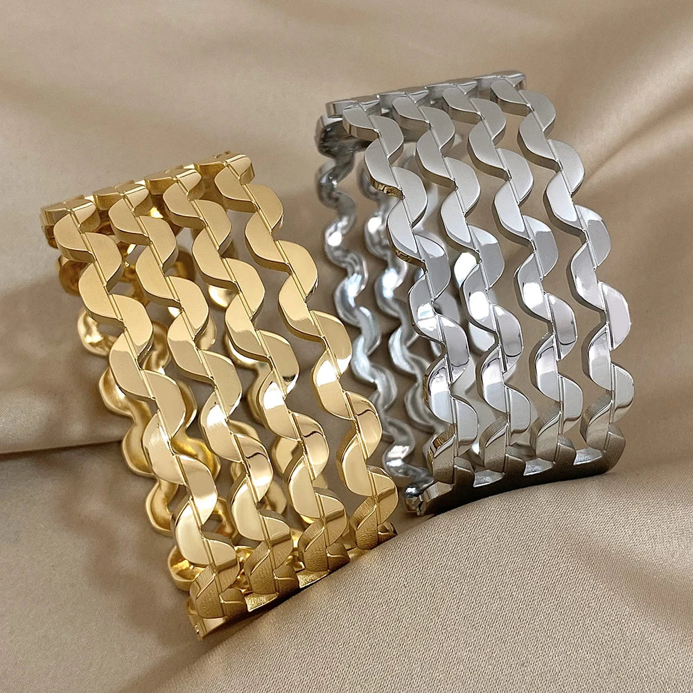 Pulseiras Onda Banhado a Ouro Aço Inoxidável