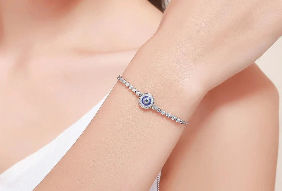 Pulseira de Evil Eye Ajustável Prata Esterlina 925